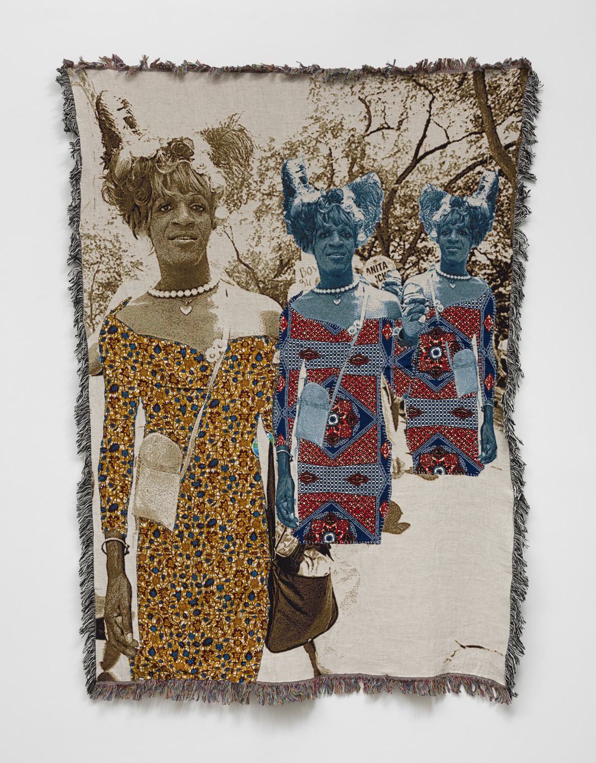carpet piece of april bey, picture of marsha p johnson forwarded in various fabrics