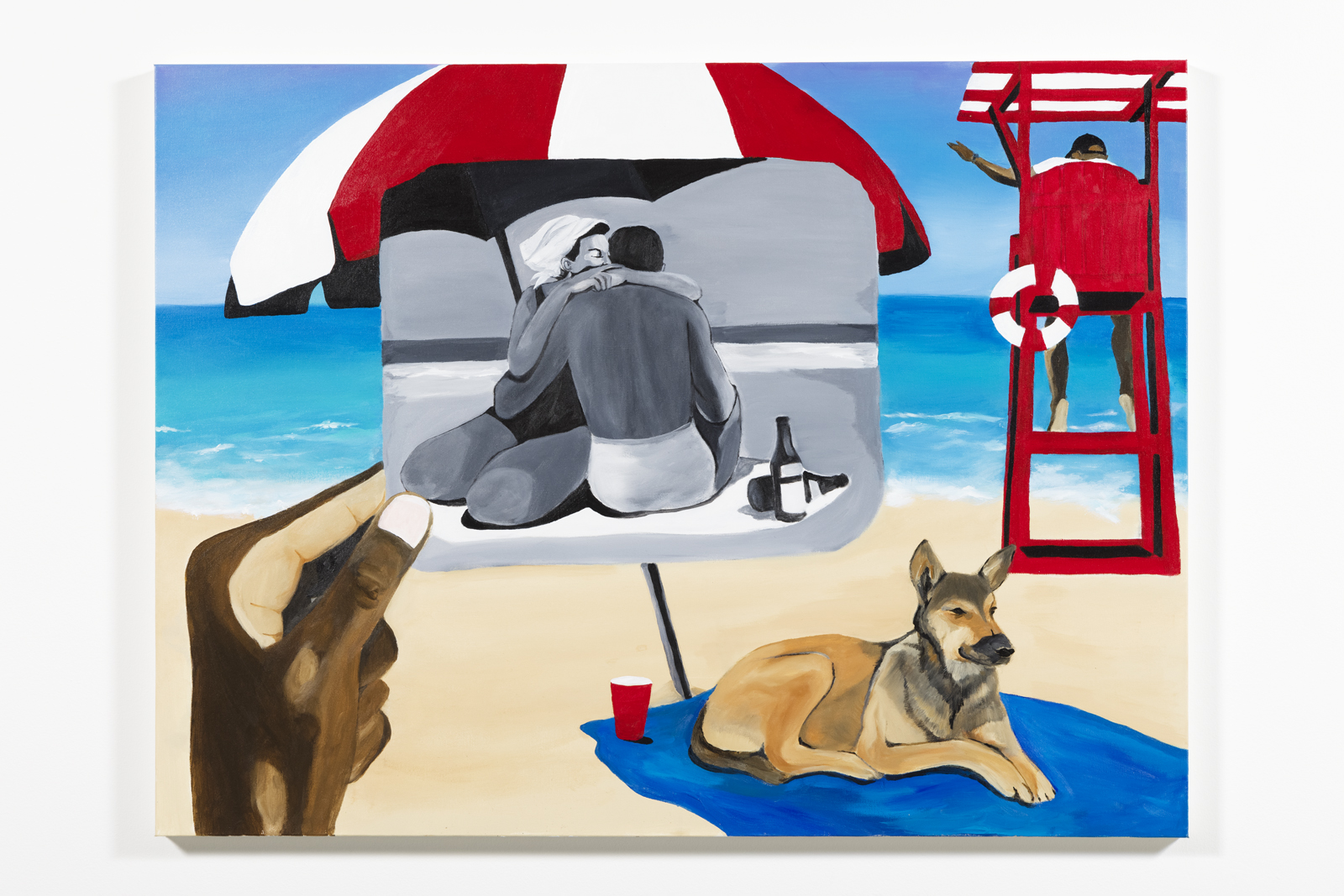 beach day by blitz bazawule, a painting of a beach with a dog and lifeguard stand and a hand holding up a black and white image of a couple embracing