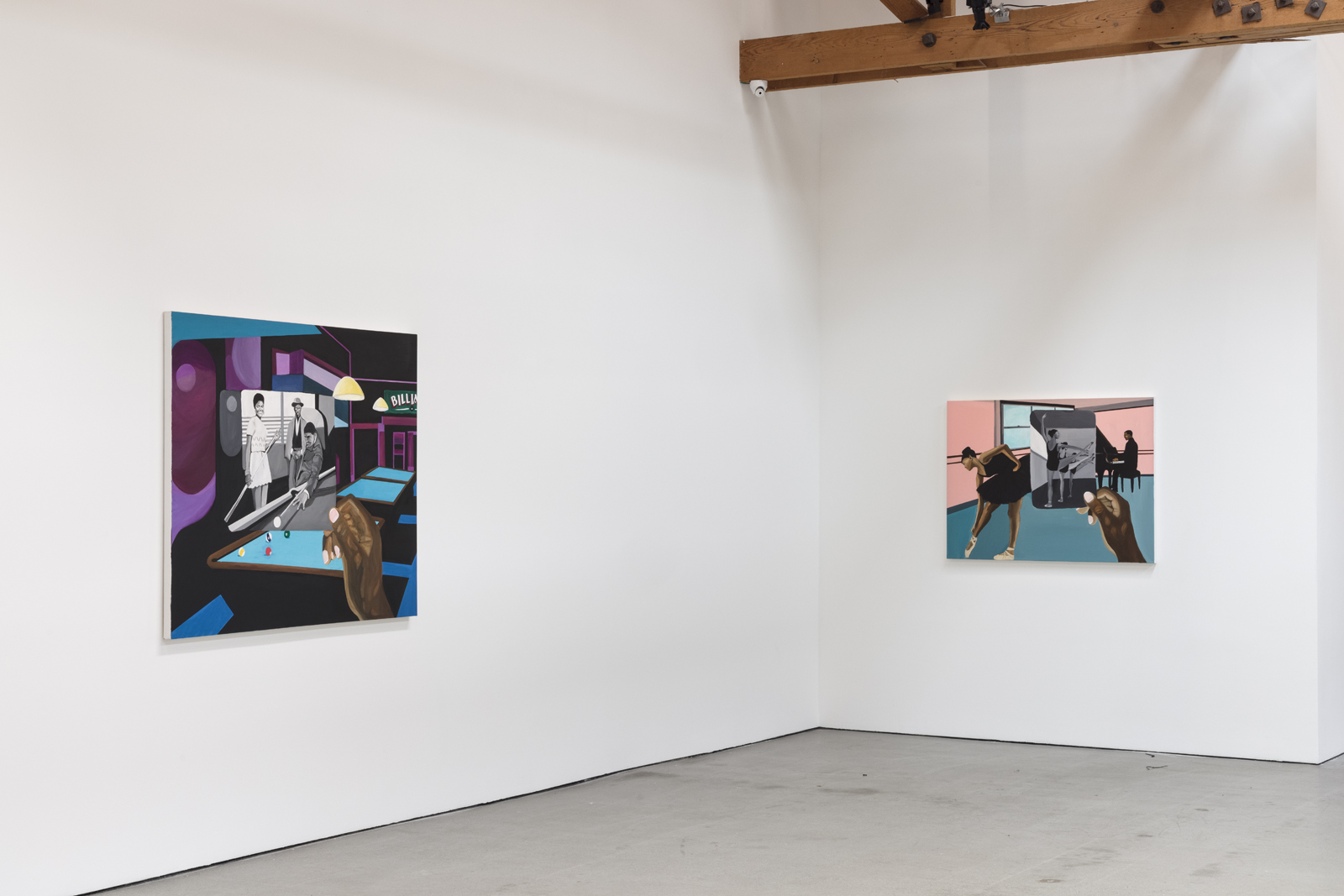 installation view of blitz bazawule a moment in time with 2 paintings hanging in gallery space